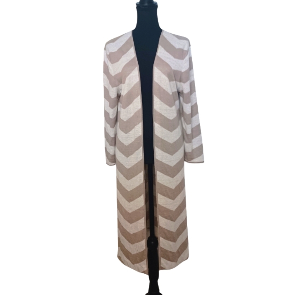 Garnet Hill Longline 100% Linen Chevron Cardigan Sweater Women's Sz Lg